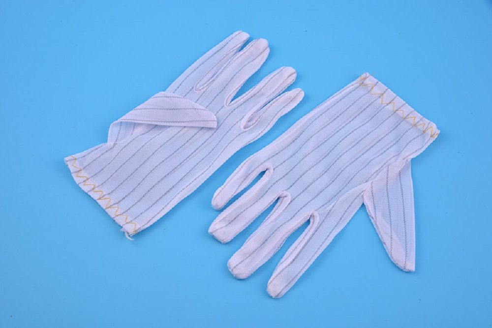 ถุงมือ ESD Stripe ป้องกันไฟฟ้าสถิตย์โพลีเอสเตอร์สำหรับคลีนรูม
