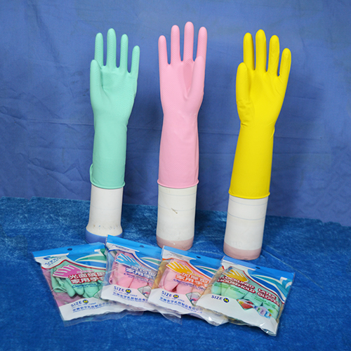 ถุงมือที่ใช้ในครัวเรือนน้ำยางสีเขียวสีชมพูสีม่วง
